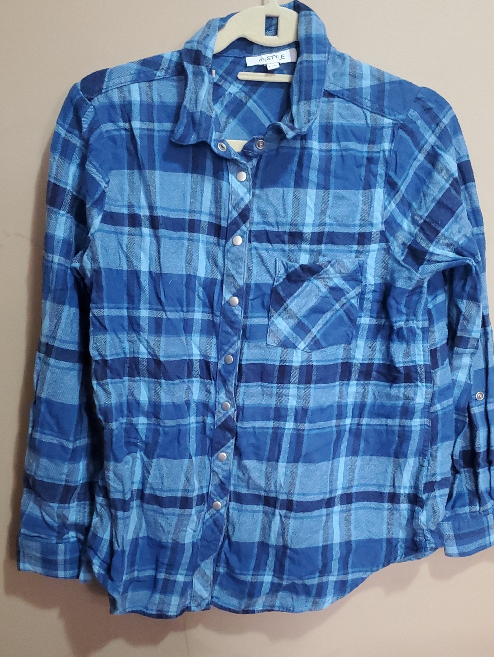 My Style Blue Plaid Button-Down Shirt Size Large
